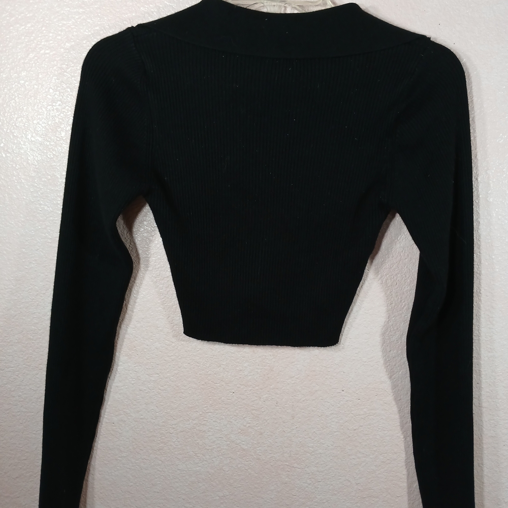 Dreamers By Debut Ribbed Long Sleeve Collared Crop Top In Jet Black Size XL NWOT - Picture 3 of 6